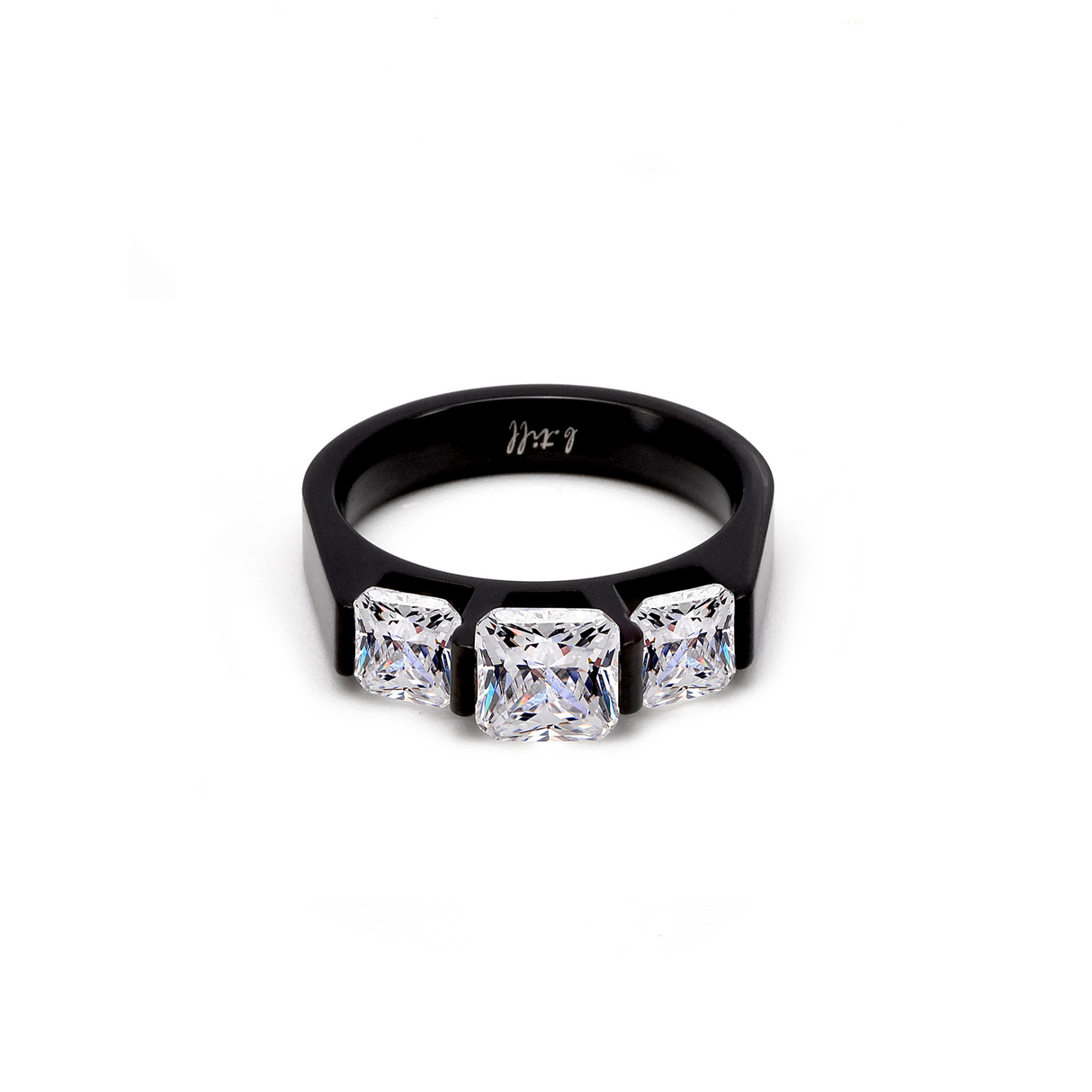 RG203B B.Tiff Black 3-Stone Cushion Cut Engagement Ring by B.Tiff New York