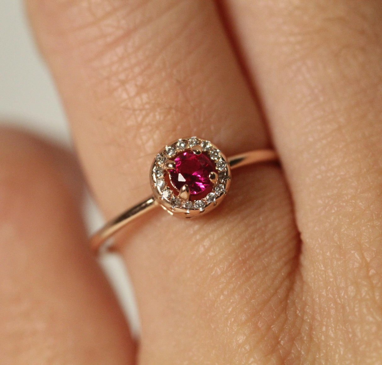 14k Gold Ruby with Diamond Halo Engagement Ring by VicStoneNYC Fine Jewelry