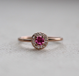 14k Gold Ruby with Diamond Halo Engagement Ring by VicStoneNYC Fine Jewelry