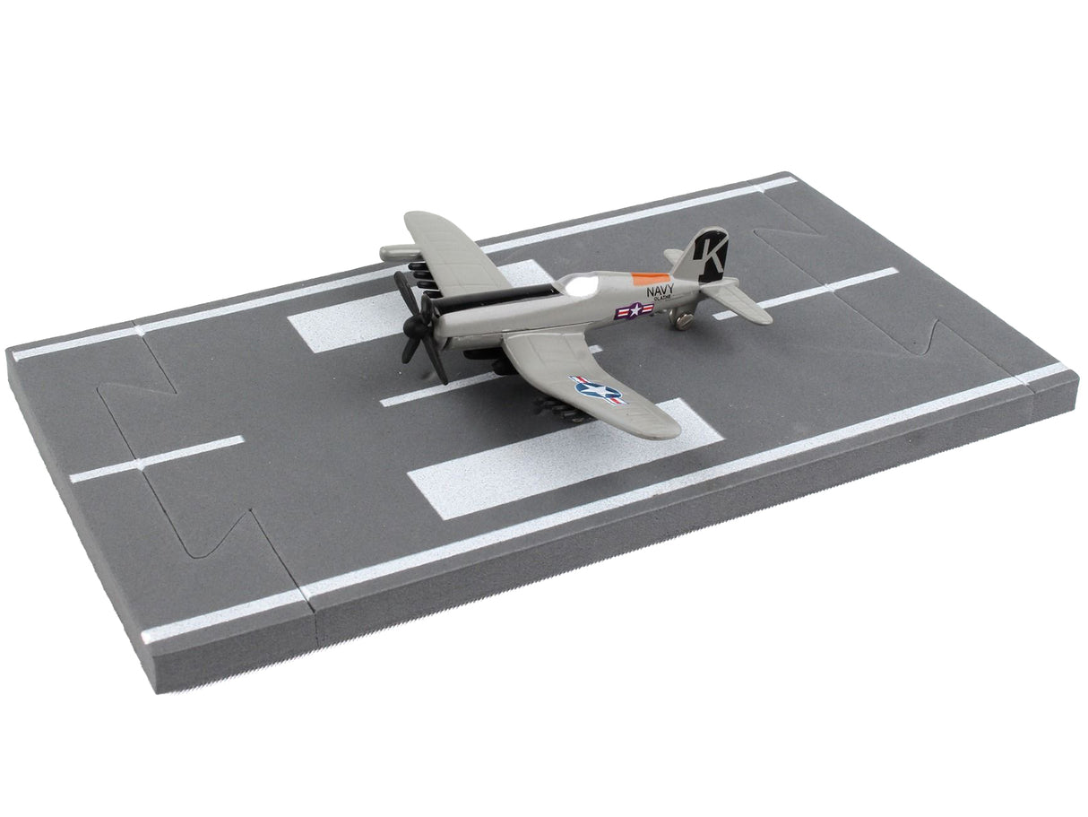 Vought F4U Corsair Fighter Aircraft Gray "United States Navy" with Runway Section Diecast Model Airplane by Runway24