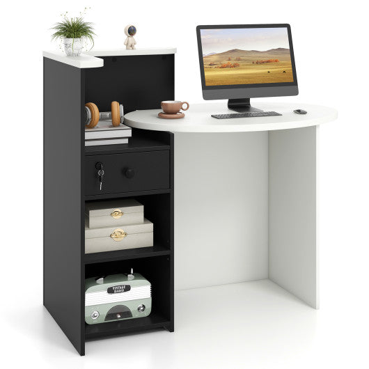 Reception Office Desk with Open Shelf and Lockable Drawer-Black