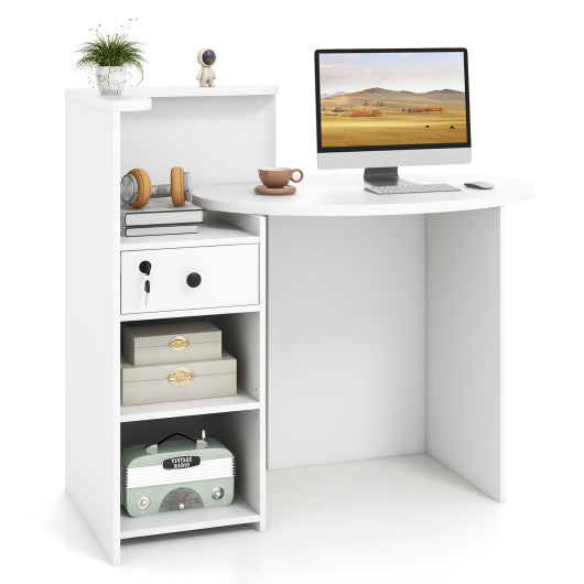 Reception Office Desk with Open Shelf and Lockable Drawer-White