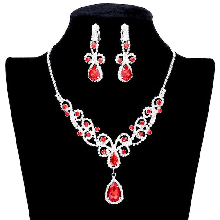 Teardrop Crystal Accented Rhinestone Vine Detailed Elegant Drop Collar Evening Necklace Clip On Earrings Set by Madeline Love