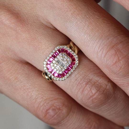 100% Ruby and Diamond with Square Gold Ring by VicStoneNYC Fine Jewelry