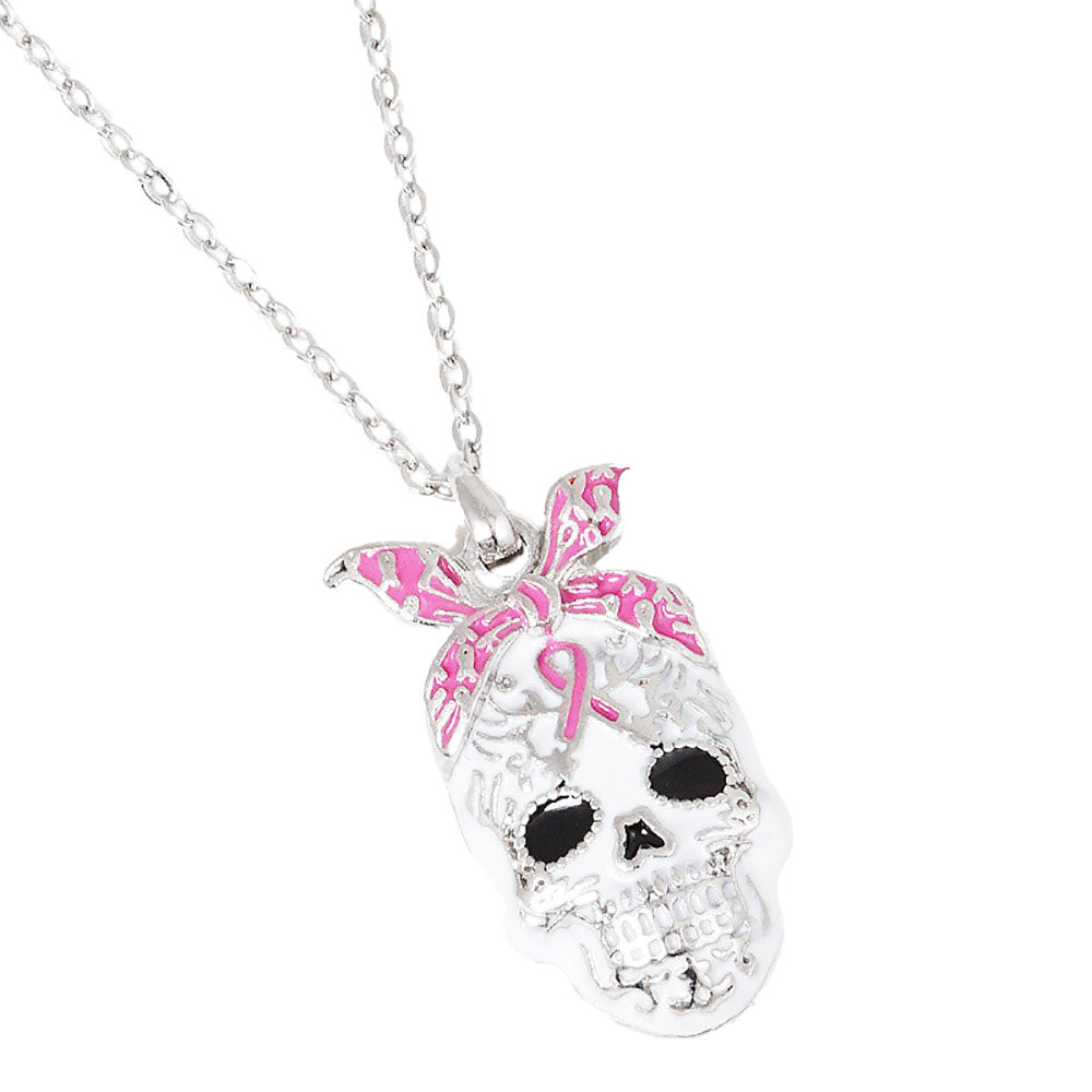 Gold Dipped Enamel Pink Ribbon Skull Pendant Necklace by Madeline Love