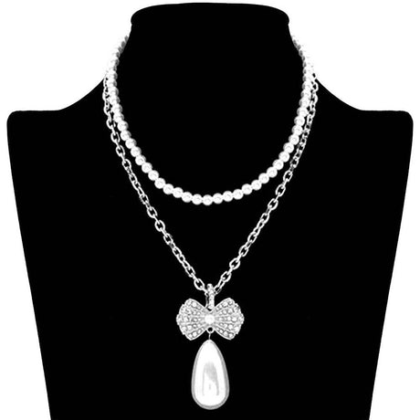 Pearl Chain Rhinestone Pave Ribbon Dangle Pendant Necklace by Madeline Love