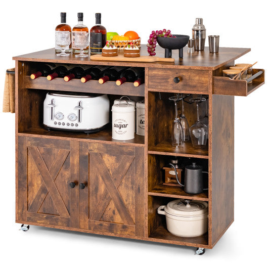 Rolling Kitchen Island Cart with Drop Leaf and Wine Rack-Rustic Brown