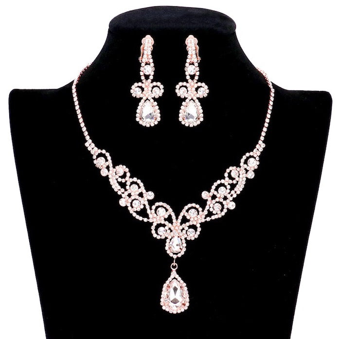 Teardrop Crystal Accented Rhinestone Vine Detailed Elegant Drop Collar Evening Necklace Clip On Earrings Set by Madeline Love