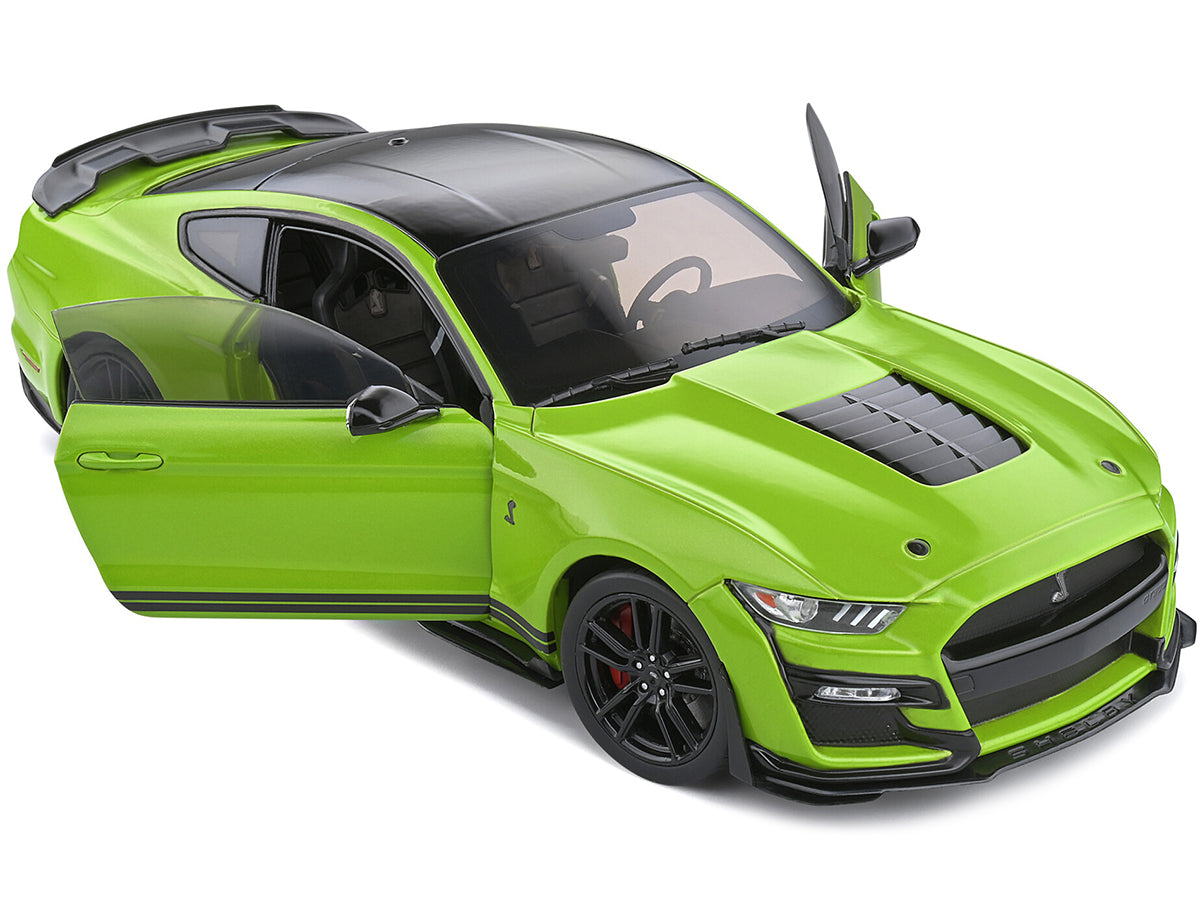 2020 Ford Mustang Shelby GT500 Grabber Lime Green Metallic with Black Top and Stripes 1/18 Diecast Model Car by Solido