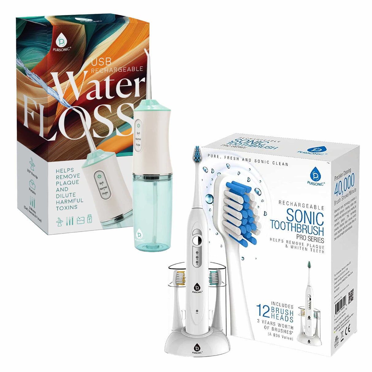 Pursonic Rechargeable Toothbrush & Water Flosser Duo with Multi-Year Supply by Pursonic