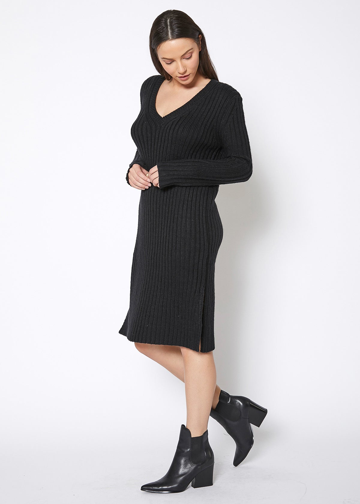 Ribbed Knit V Neck Sweater Midi Dress by Shop at Konus