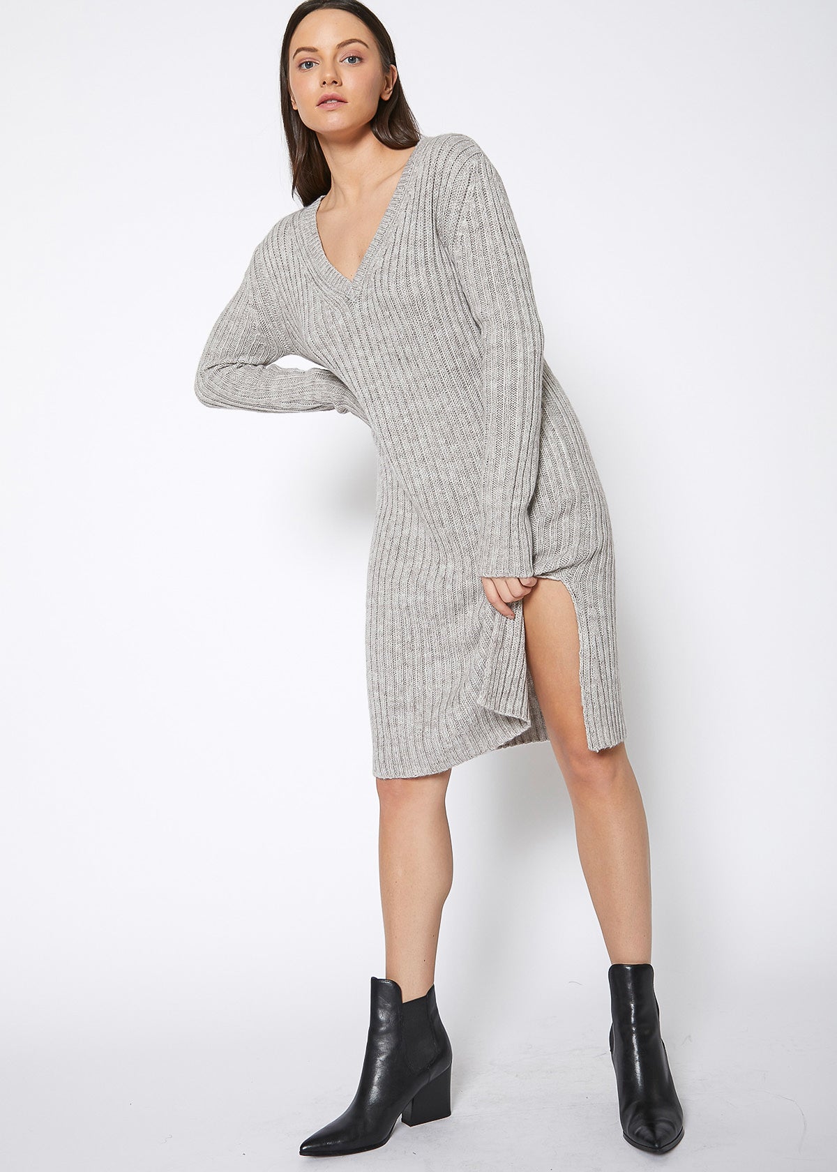 Ribbed Knit V Neck Sweater Midi Dress by Shop at Konus