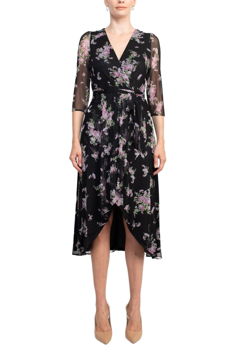 Sage Collective V-Neck Tie Waist 3/4 Sleeve Floral Print Zipper Back High Low Mesh Dress by Curated Brands