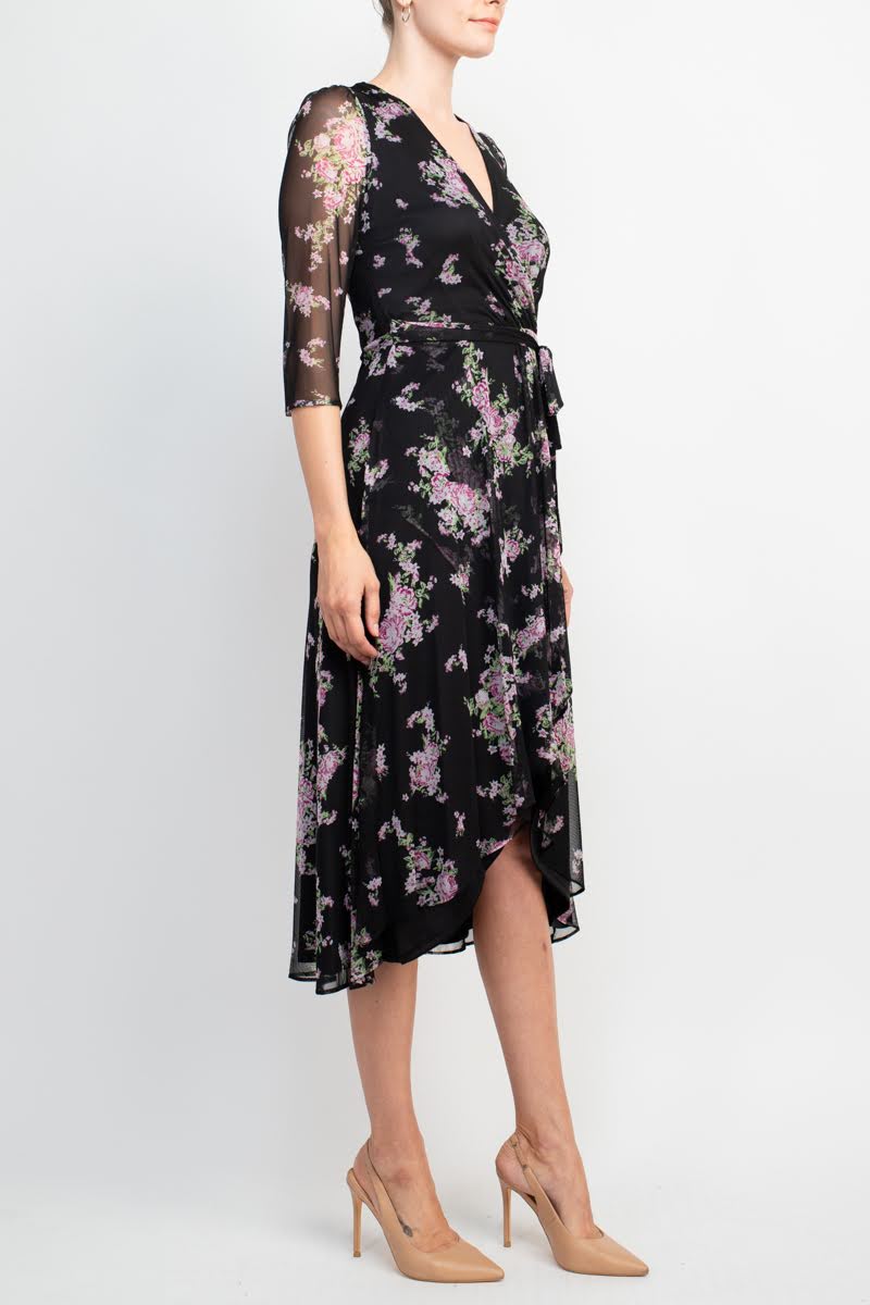 Sage Collective V-Neck Tie Waist 3/4 Sleeve Floral Print Zipper Back High Low Mesh Dress by Curated Brands