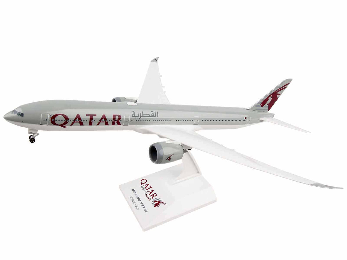 Boeing 777-9 Commercial Aircraft with Landing Gear "Qatar Airways" Gray with Tail Graphics (Snap-Fit) 1/200 Plastic Model by Skymarks