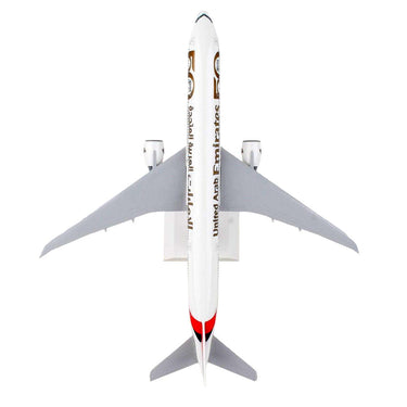 Boeing 777-300ER Commercial Aircraft with Landing Gear "Emirates Airlines - 50th Anniversary" (A6-EPO) White with Tail Graphics (Snap-Fit) 1/200 Plastic Model by Skymarks