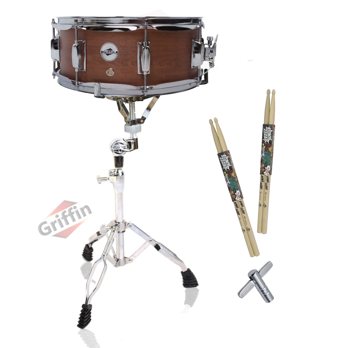 GRIFFIN Snare Drum Package with Snare Stand, 2 Pairs of Drum Sticks & Drum Key | Snare Kit with Poplar Wood Shell 14" x 5.5" with Flat Hickory PVC | 8 Metal Tuning Lugs & Snare Strainer Throw Off by GeekStands.com