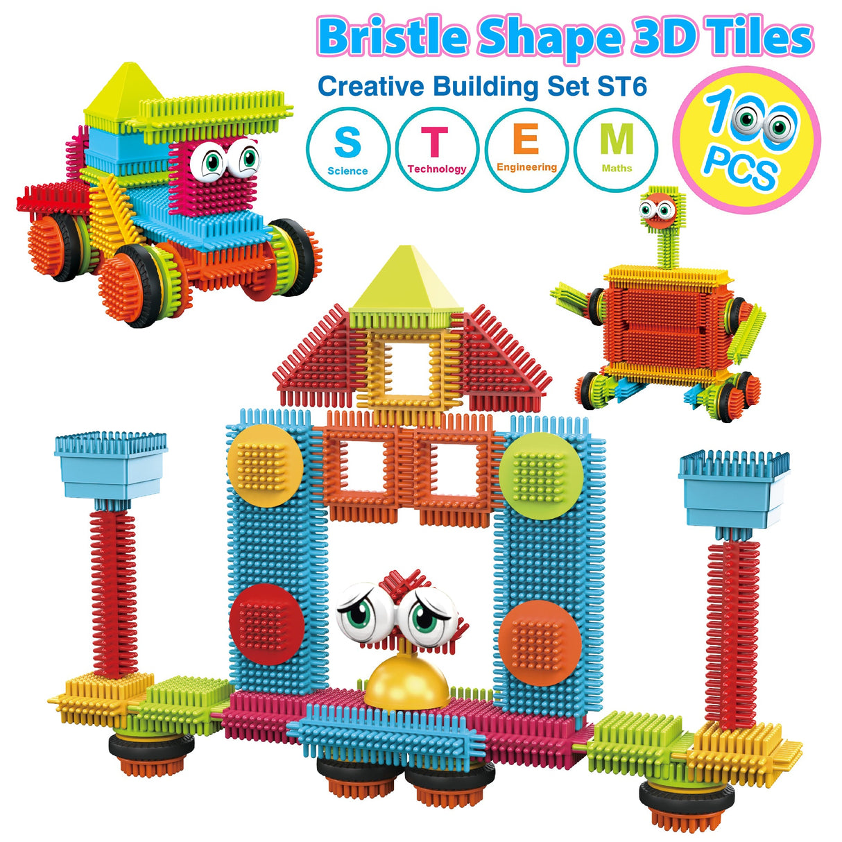 Contixo ST6 100 pcs Bristle Shape 3D Tile STEM Building Block Set by Contixo