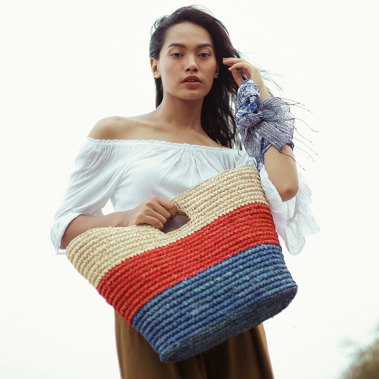 SAYAN Raffia Tote Bag, in Red & Blue by BrunnaCo