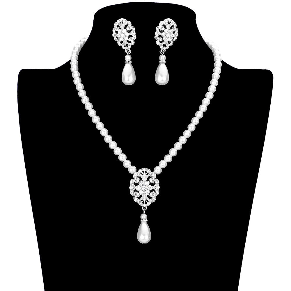 Pearl Accented Rhinestone Embellished Metal Link Necklace by Madeline Love