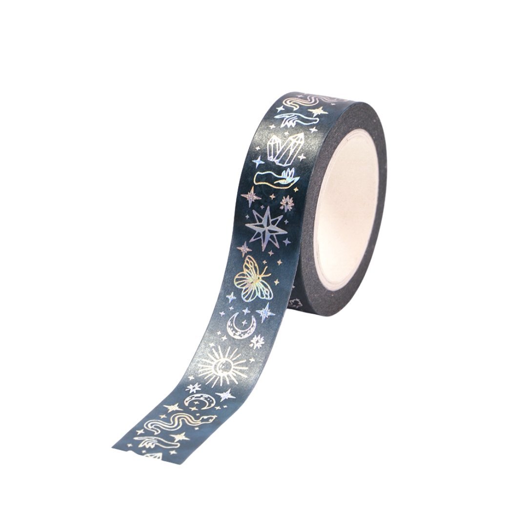 Silver Snake Washi Tape | Snake and Crystal Motif on Black | Gift Wrapping and Craft Tape by The Bullish Store