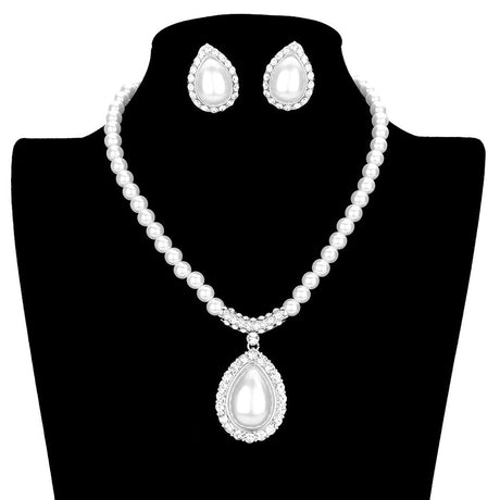 Crystal Trim Pearl Pendant Necklace Earring Set by Madeline Love