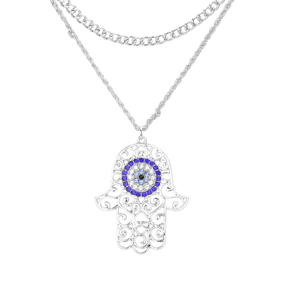 Rhinestone Evil Eye Filigree Hamsa Pendant Layered Necklace by Madeline Love