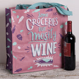 Some Groceries But Mostly Wine Large Market Tote Bag in Pink and Blue | 15.50" x 15.25" x 6" by The Bullish Store