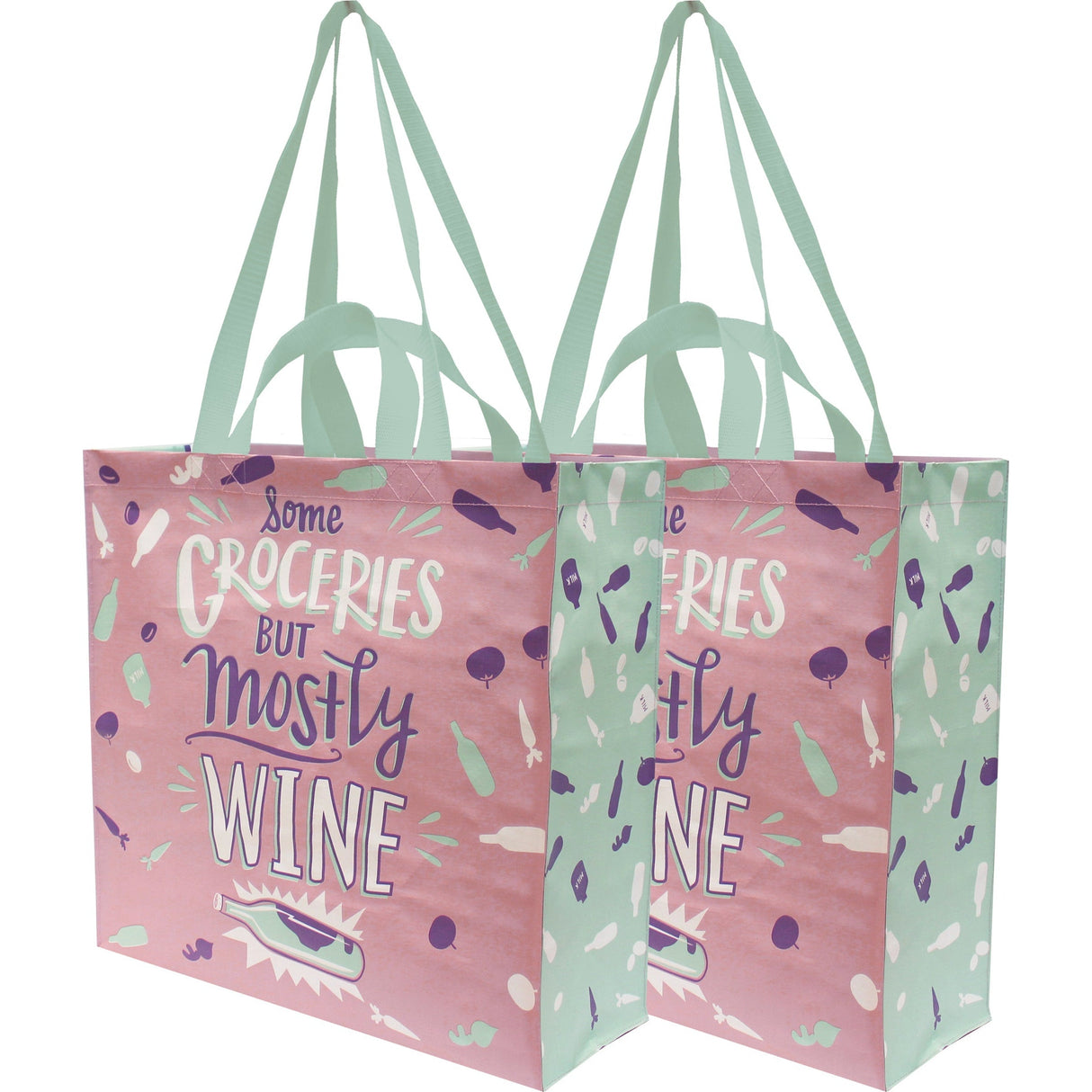 Some Groceries But Mostly Wine Large Market Tote Bag in Pink and Blue | 15.50" x 15.25" x 6" by The Bullish Store