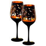 Crystal Halloween Stemmed Wine Glasses - Set of 2 - Themed Vibrant Black & Gold Etched Spooky Graveyard Pattern Frosted Glass, Perfect for Themed Gothic Parties Trick Or Treat Gift For Him Her (14 OZ) by The Wine Savant