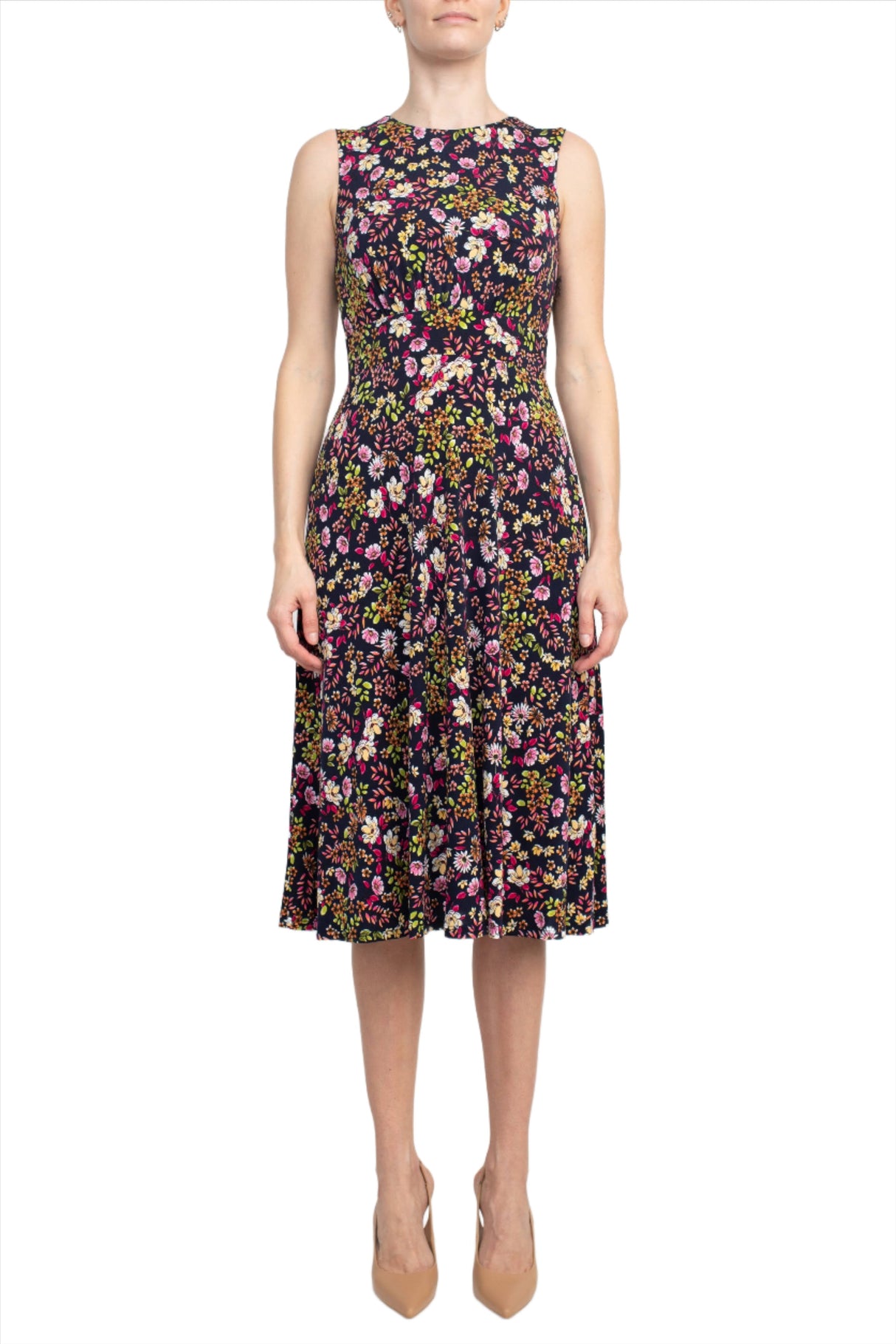 London Times Crew Neck Sleeveless Banded Waist Zipper Back Floral Print Fit & Flare Matte Jersey Dress by Curated Brands