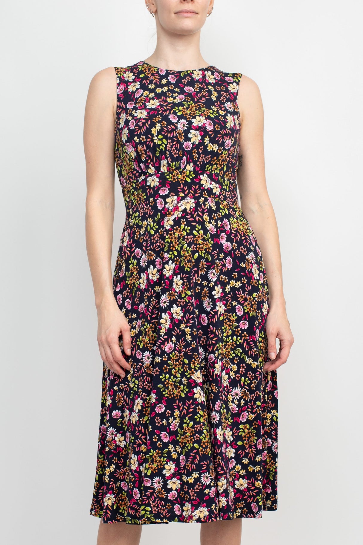 London Times Crew Neck Sleeveless Banded Waist Zipper Back Floral Print Fit & Flare Matte Jersey Dress by Curated Brands