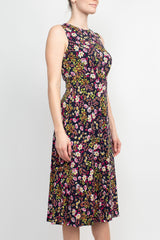 London Times Crew Neck Sleeveless Banded Waist Zipper Back Floral Print Fit & Flare Matte Jersey Dress by Curated Brands