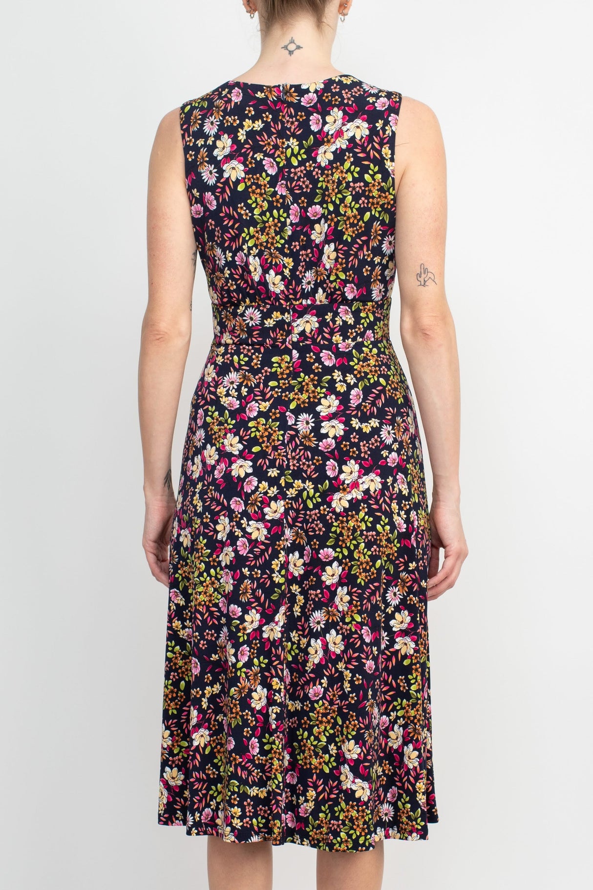 London Times Crew Neck Sleeveless Banded Waist Zipper Back Floral Print Fit & Flare Matte Jersey Dress by Curated Brands