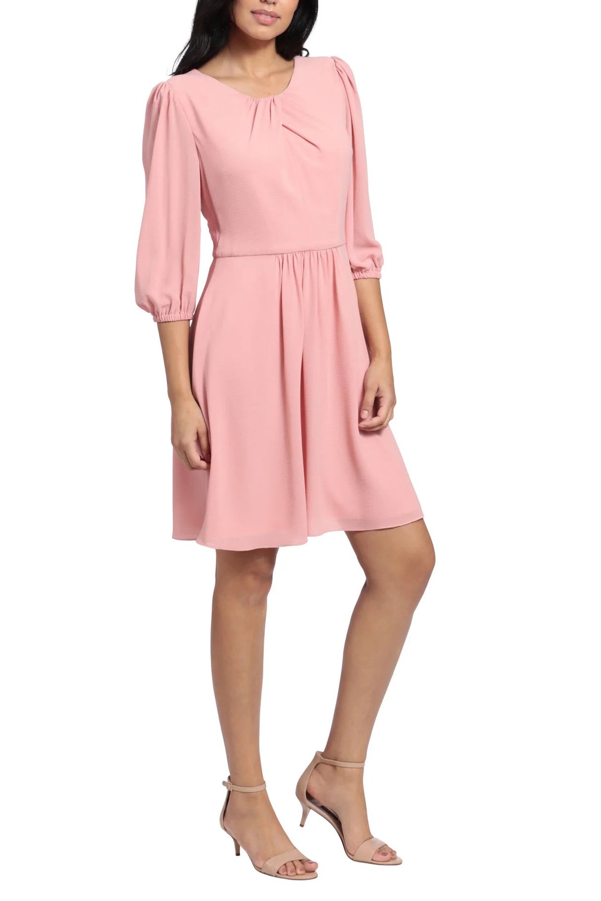 London Times Pleated Scoop Neck Elbow Sleeve Solid Fit & Flare Crepe Dress by Curated Brands