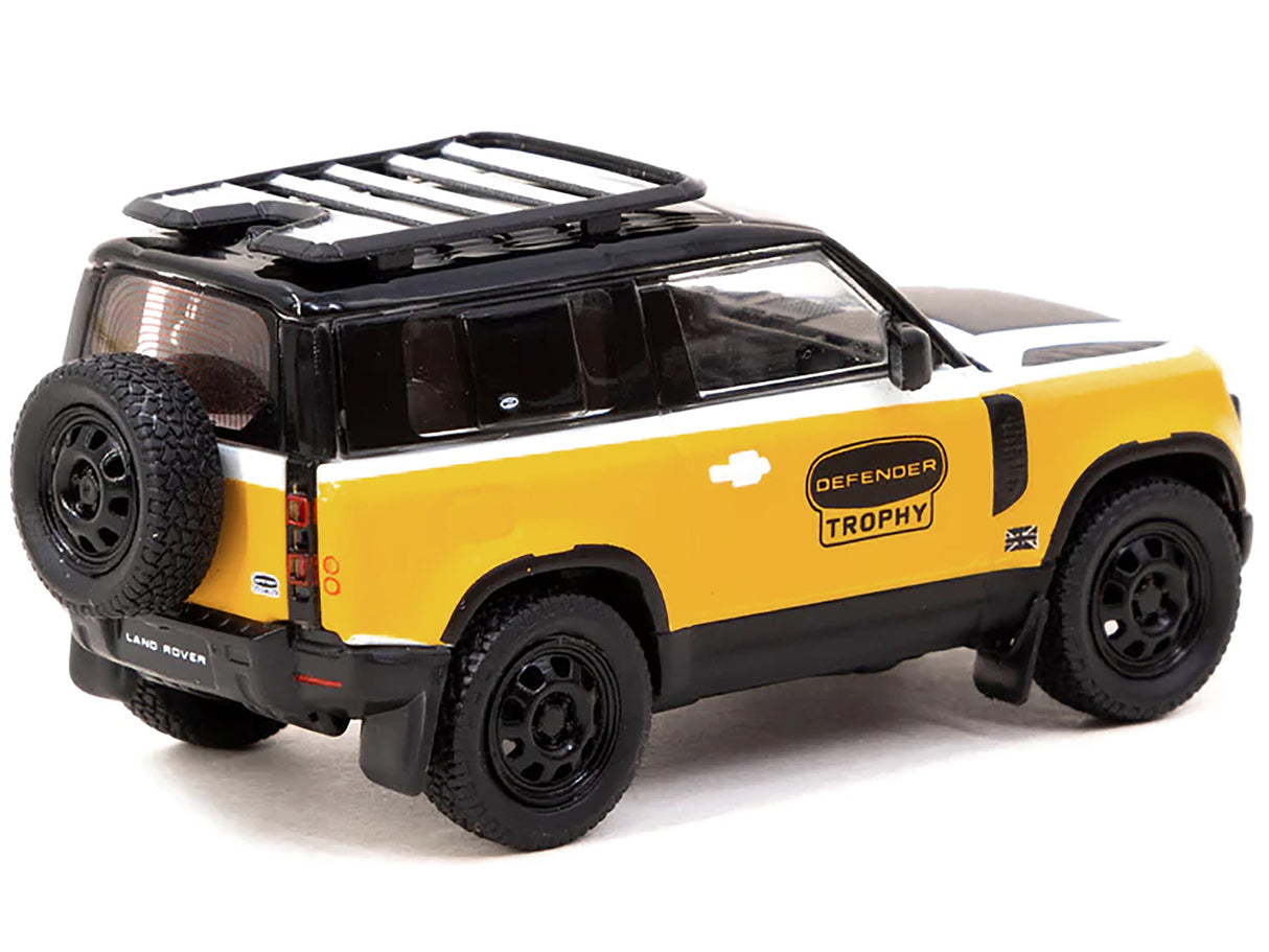 Land Rover Defender 90 "Trophy Edition" Yellow and White with Black Top and Roof Rack "Global64" Series 1/64 Diecast Model by Tarmac Works