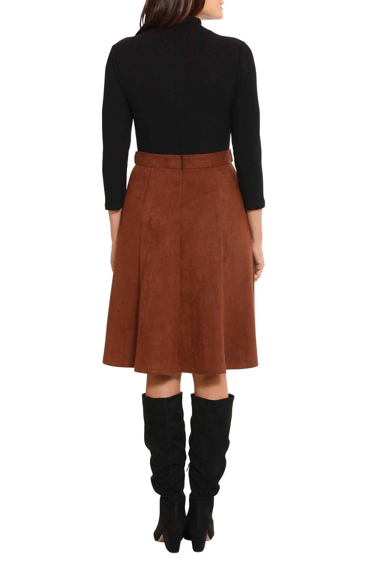 London Times high neck 3/4 sleeve ribbed top gold button detail faux suede skirt by Curated Brands