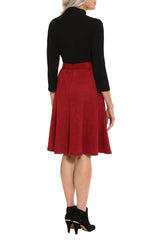 London Times high neck 3/4 sleeve ribbed top gold button detail faux suede skirt by Curated Brands