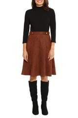 London Times high neck 3/4 sleeve ribbed top gold button detail faux suede skirt by Curated Brands