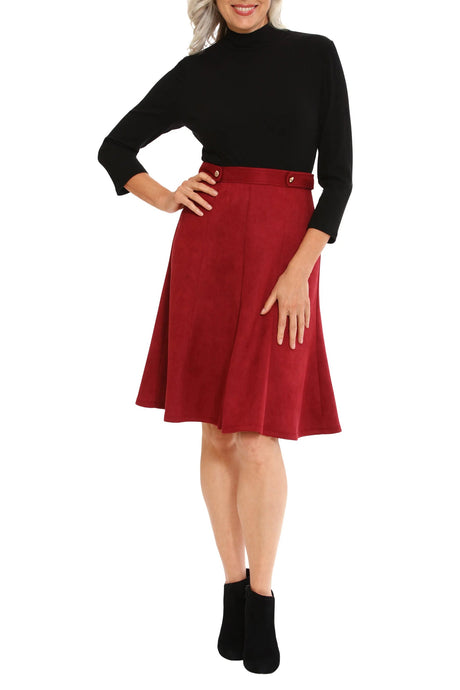 London Times high neck 3/4 sleeve ribbed top gold button detail faux suede skirt by Curated Brands