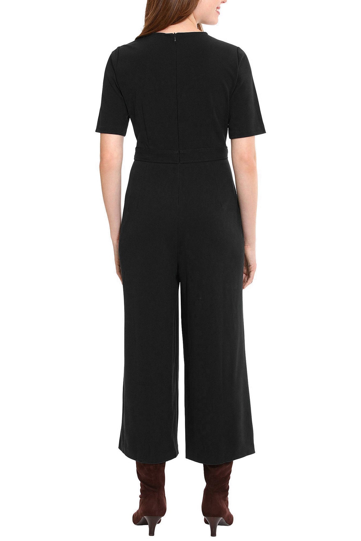 London Times Crew Neck Short Sleeve Zipper Closure Straight Leg Scuba Crepe Jumpsuit by Curated Brands