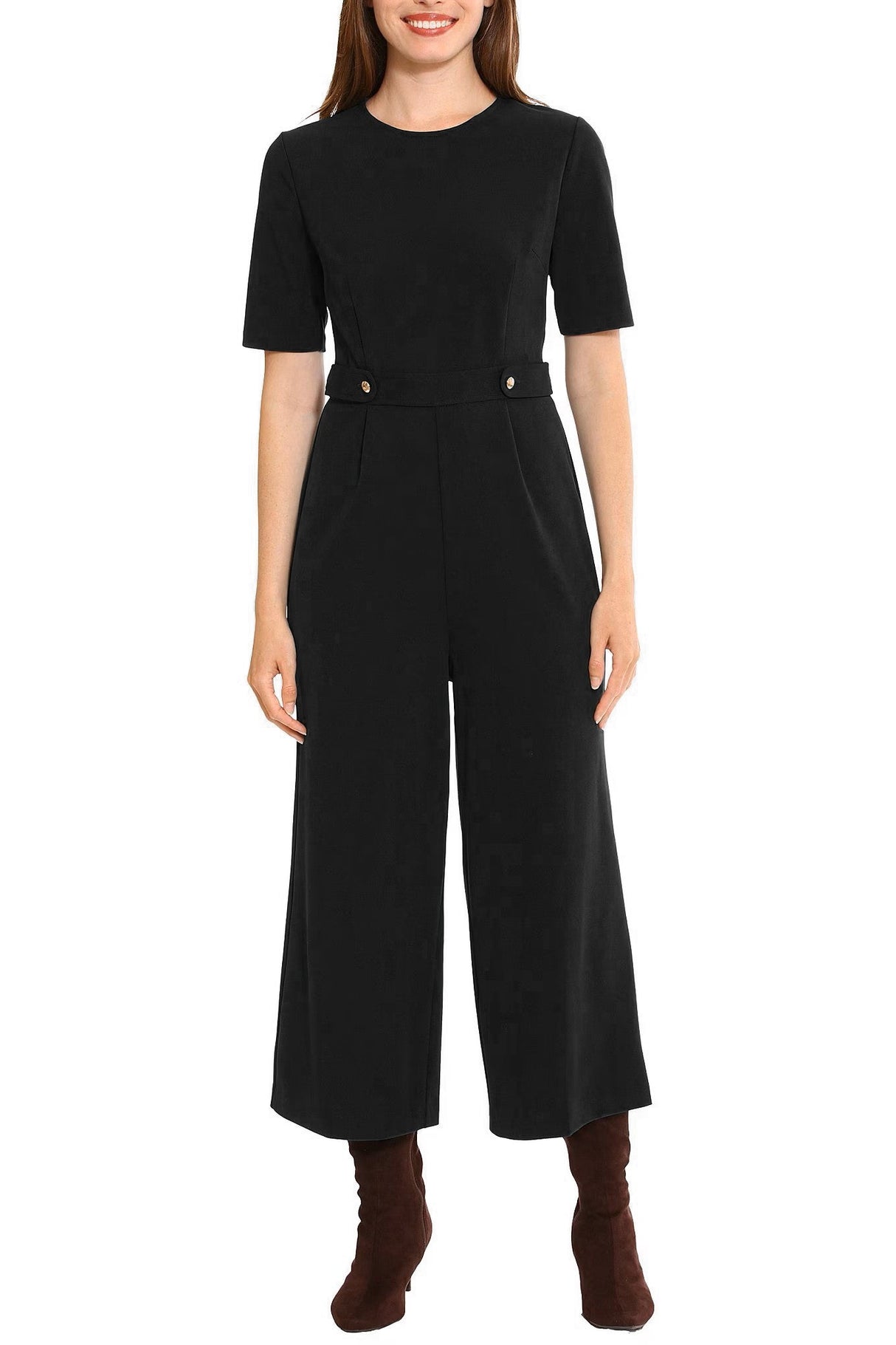 London Times Crew Neck Short Sleeve Zipper Closure Straight Leg Scuba Crepe Jumpsuit by Curated Brands