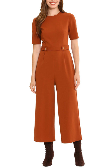 London Times Crew Neck Short Sleeve Zipper Closure Straight Leg Scuba Crepe Jumpsuit by Curated Brands