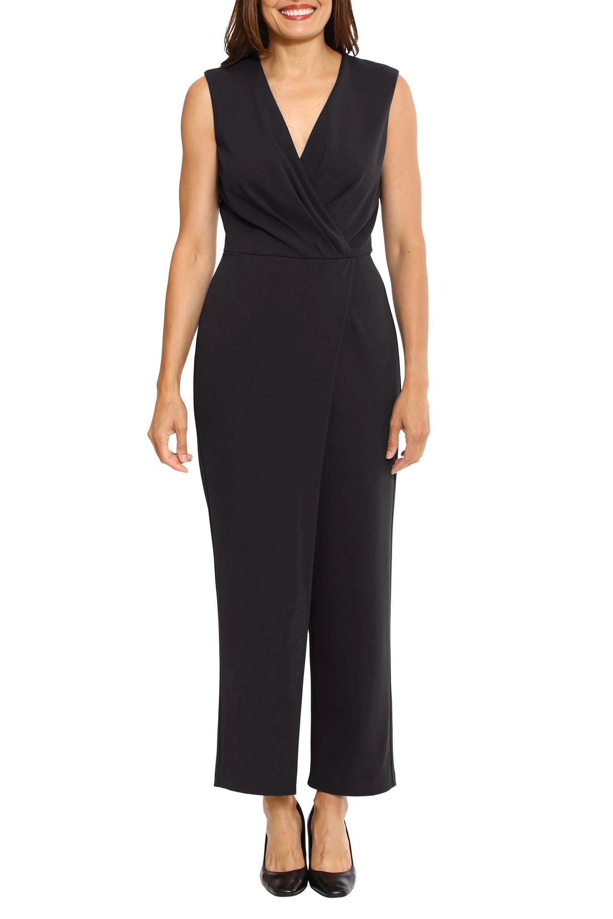 London Times V-neck sleeveless zipper closure pleated front straight pant scuba crepe jumpsuit by Curated Brands