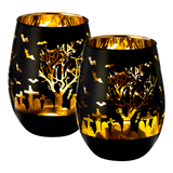 Crystal Halloween Stemless Wine Glass - Set of 2 - Themed Vibrant Black & Gold Etched Spooky Graveyard Pattern Frosted Glass, Perfect for Themed Gothic Parties Trick Or Treat Gift For Him Her (16 OZ) by The Wine Savant