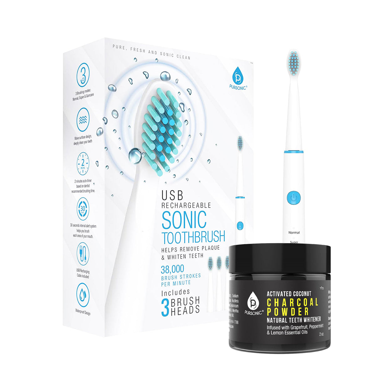 USB Rechargeable Rotary Toothbrush + Freebie Activated Coconut Charcoal Powder Natural Teeth Whitener by Pursonic