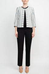 Tahari ASL Crew Neck 3/4 Sleeve Hook & Eye Stripe Print Twill Jacket by Curated Brands