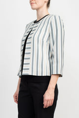 Tahari ASL Crew Neck 3/4 Sleeve Hook & Eye Stripe Print Twill Jacket by Curated Brands