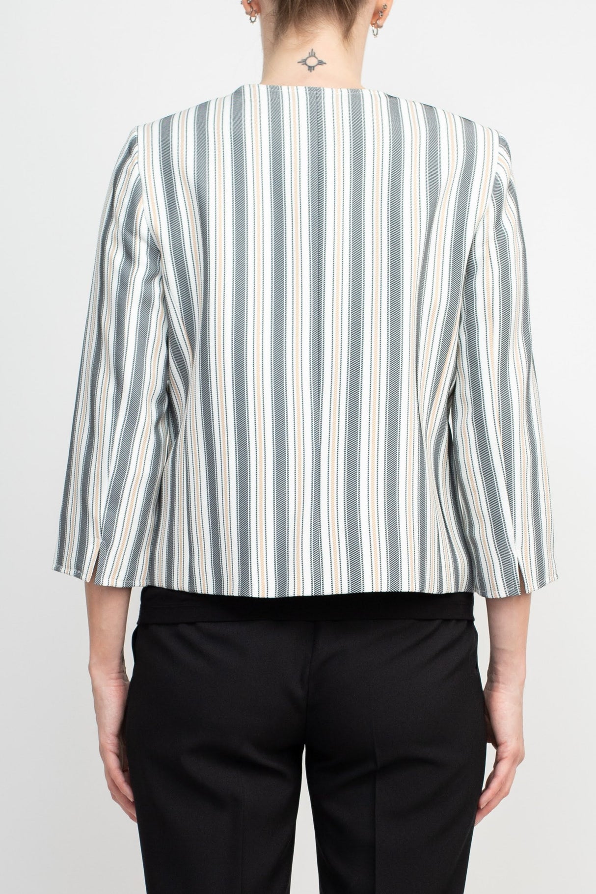 Tahari ASL Crew Neck 3/4 Sleeve Hook & Eye Stripe Print Twill Jacket by Curated Brands