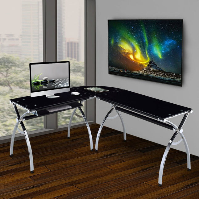 Techni Mobili L-Shaped Colored Tempered Glass Top Corner Desk with Pull Out Keyboard Tray, Black by Level Up Desks